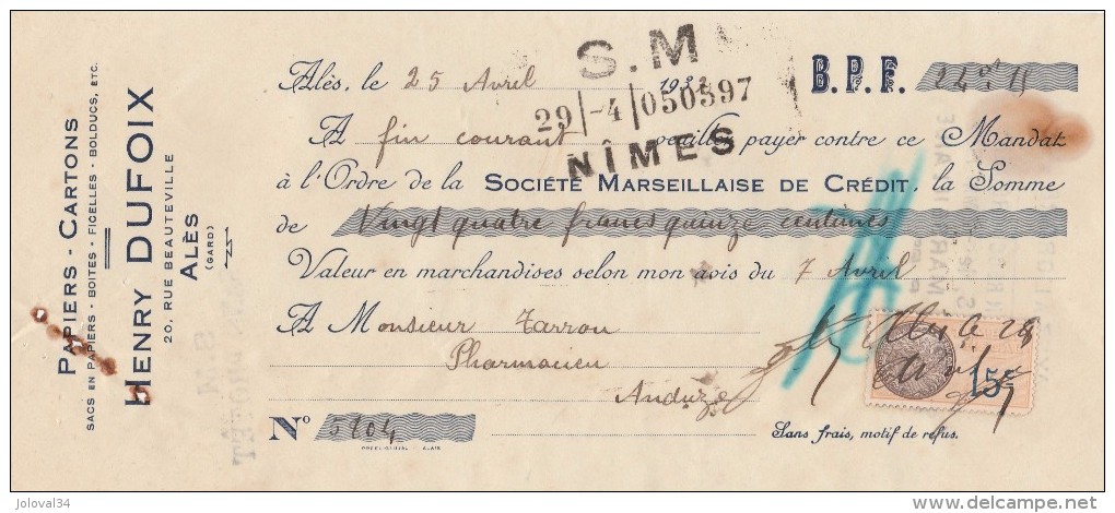 Lettre Change 25/4/1932 Henry DUFOIX Papiers Cartons ALES Gard Pour Anduze - Lettres De Change