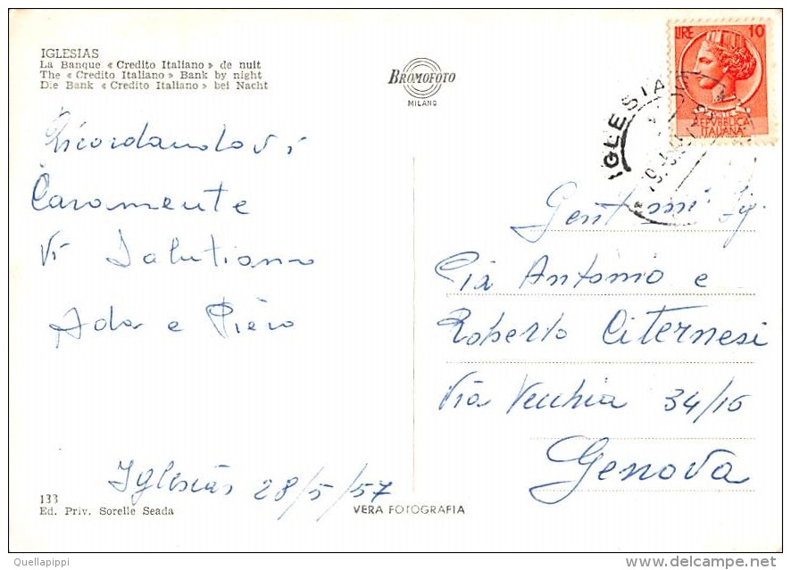 02993 "IGLESIAS - CREDITO ITALIANO - NOTTURNO" ANIMATA, PUBBL MARTINI. CART. SPED. 1957 - Iglesias