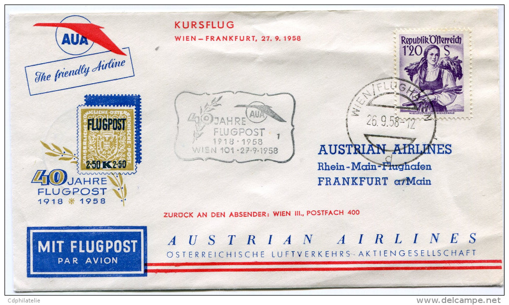 AUTRICHE PREMIER VOL AUA WIEN - FRANKFURT DEPART WIEN 26-9-58 - Eerste Vluchten