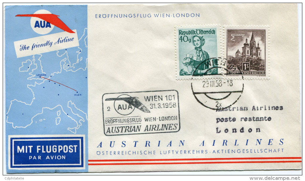 AUTRICHE PREMIER VOL AUA WIEN - LONDON DEPART WIEN 29.III.58 - First Flight Covers