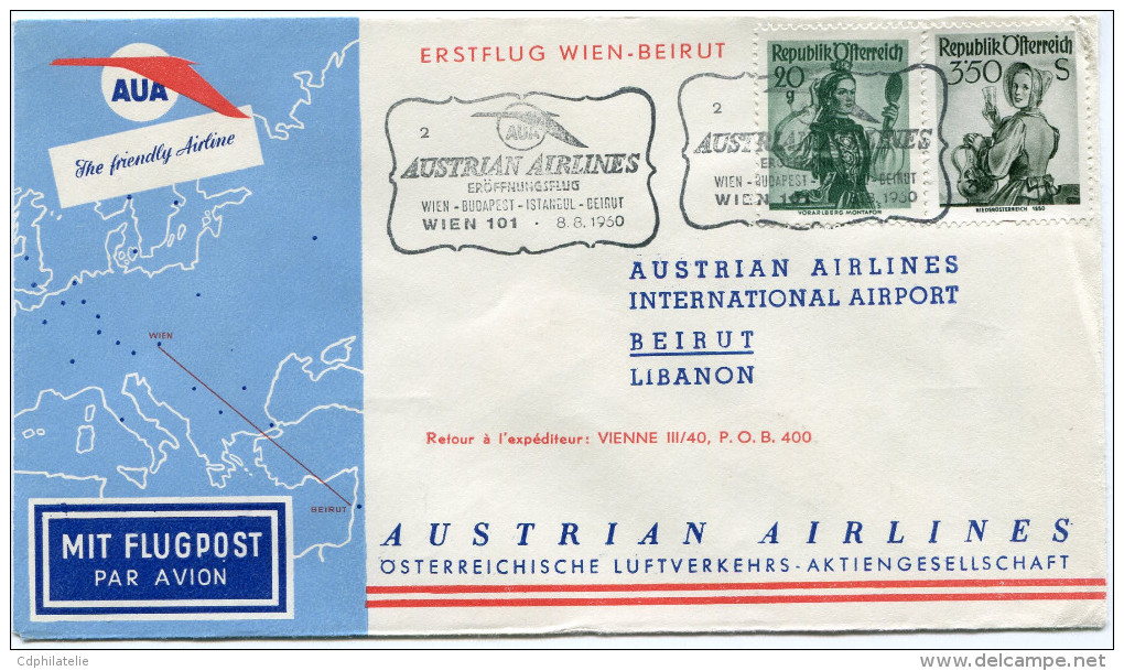 AUTRICHE PREMIER VOL AUA WIEN - BEIRUT DEPART WIEN 8-8-1960 - Erst- U. Sonderflugbriefe