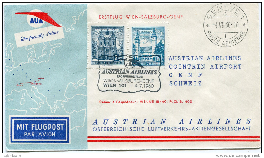 AUTRICHE PREMIER VOL AUA WIEN - GENEVE DEPART WIEN 4-7-1960 - Erst- U. Sonderflugbriefe