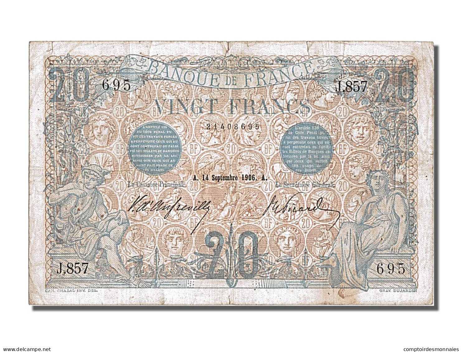 Billet, France, 20 Francs, 20 F 1905-1913 ''Bleu'', 1906, 1906-09-14, TTB+ - 20 F 1905-1913 ''Bleu''