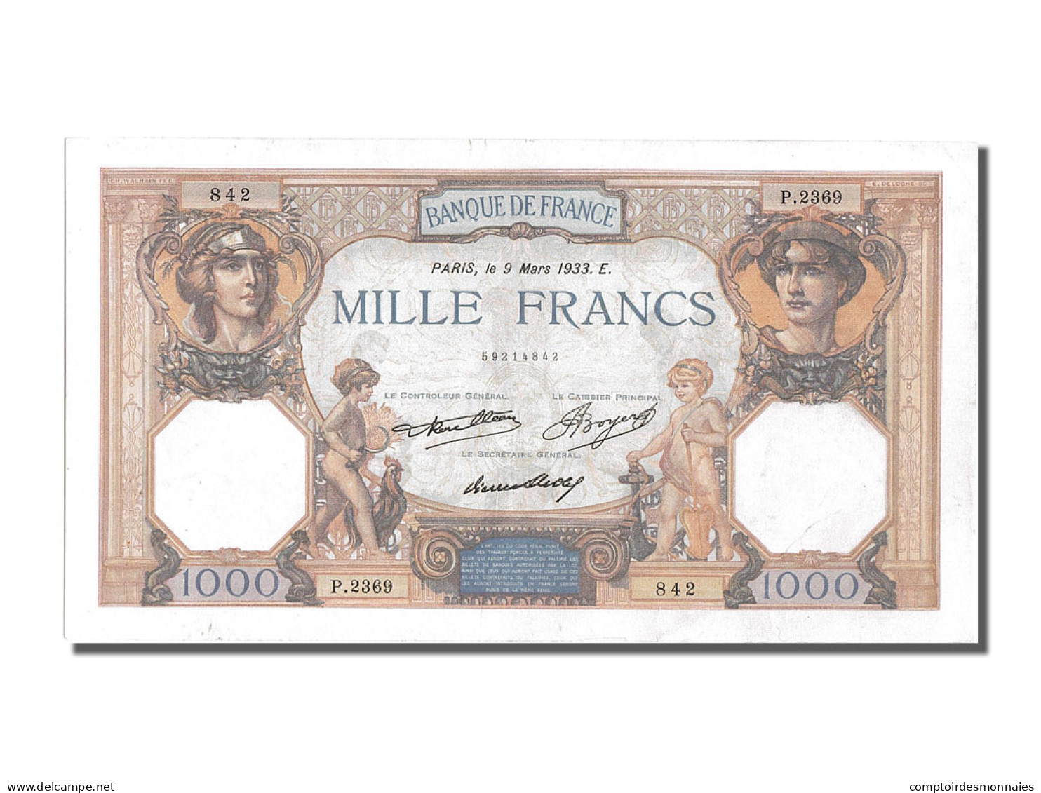 Billet, France, 1000 Francs, 1 000 F 1927-1940 ''Cérès Et Mercure'', 1933 - 1 000 F 1927-1940 ''Cérès Et Mercure''