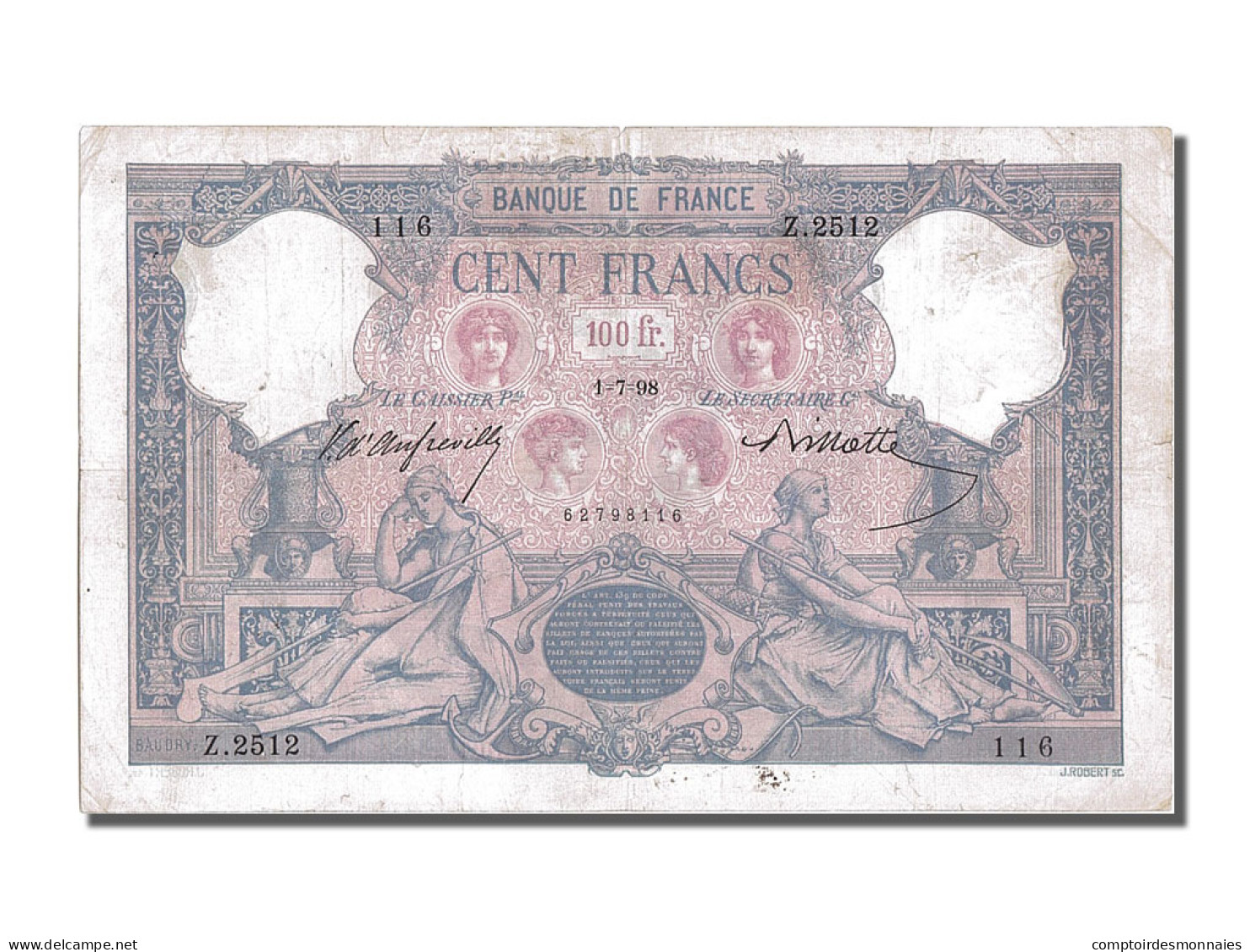 Billet, France, 100 Francs, 100 F 1888-1909 ''Bleu Et Rose'', 1898, 1898-07-01 - 100 F 1888-1909 ''Bleu Et Rose''