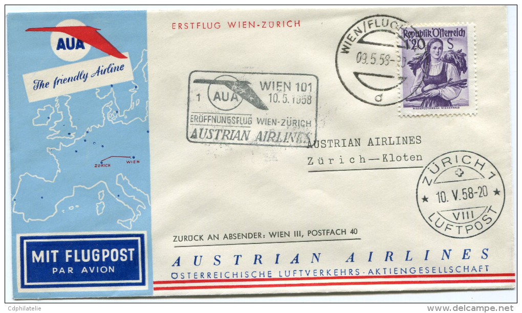 AUTRICHE PREMIER VOL AUA WIEN - ZURICH DEPART WIEN 9-5-58 - Erst- U. Sonderflugbriefe