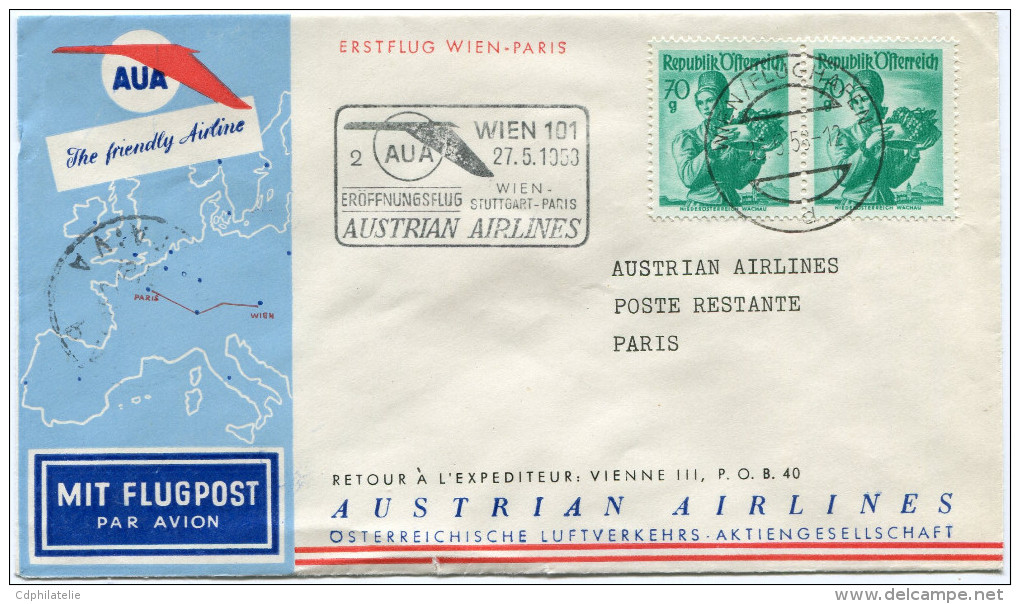 AUTRICHE PREMIER VOL AUA WIEN - PARIS DEPART WIEN 26-5-58 - Eerste Vluchten