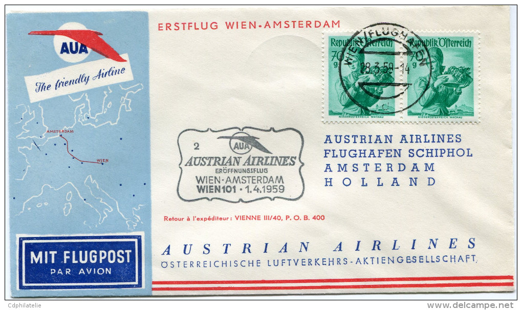 AUTRICHE PREMIER VOL AUA WIEN - AMSTERDAM DEPART WIEN 28-3-59 - Erst- U. Sonderflugbriefe