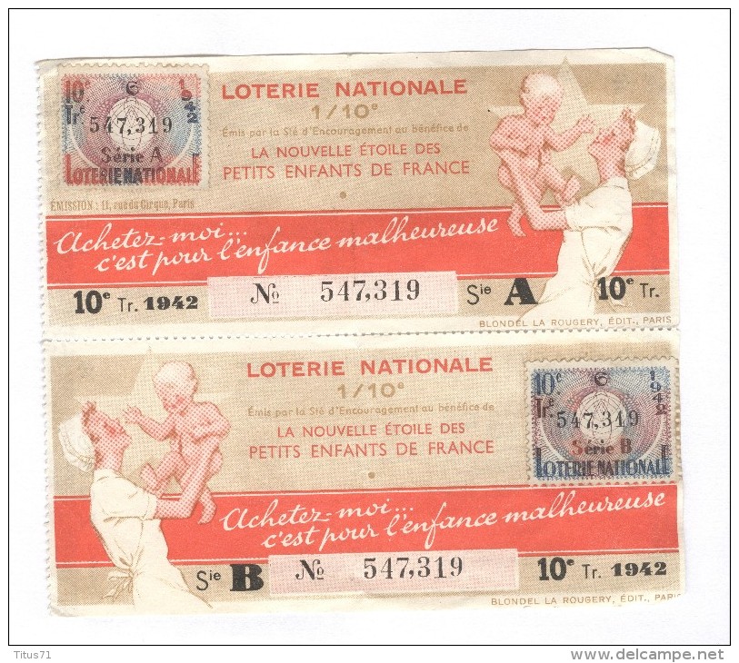 Billet Loterie Nationale - 1942 - Pour L´enfance Malheureuse - La Nouvelle étoile Des Petits Enfants De France - Billets De Loterie