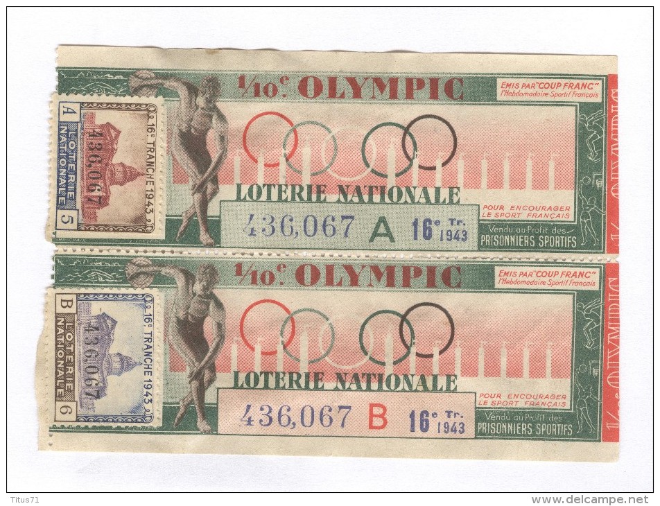 Billet Loterie Nationale - 1/10 Olympic - 16ème Tranche 1943 A Et B - Billets De Loterie