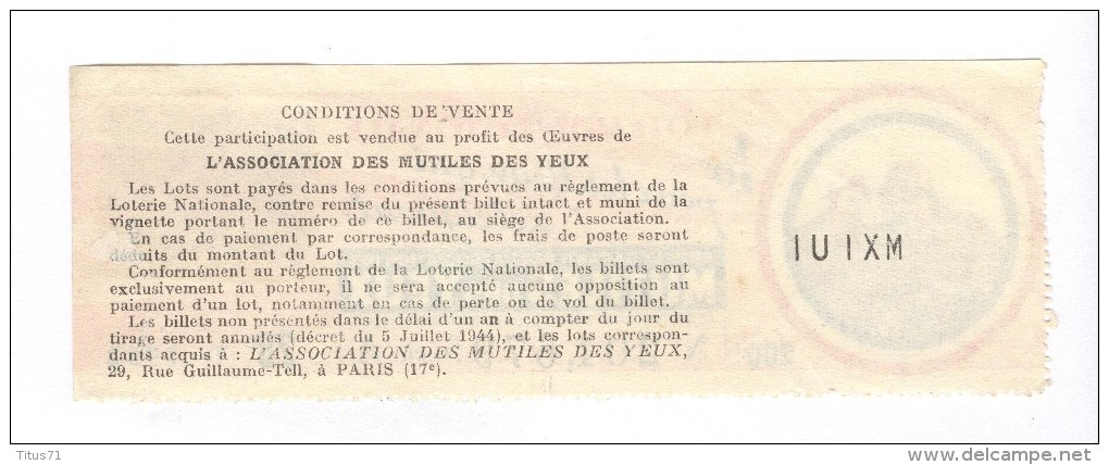 Billet Loterie Nationale - Pour Les Yeux Qui S'éteignent - 28ème Tranche 1952 - Billets De Loterie