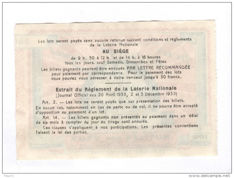 Billet Loterie Nationale - Pour Les Yeux Qui S´éteignent - 3ème Tranche 1940 - Billets De Loterie