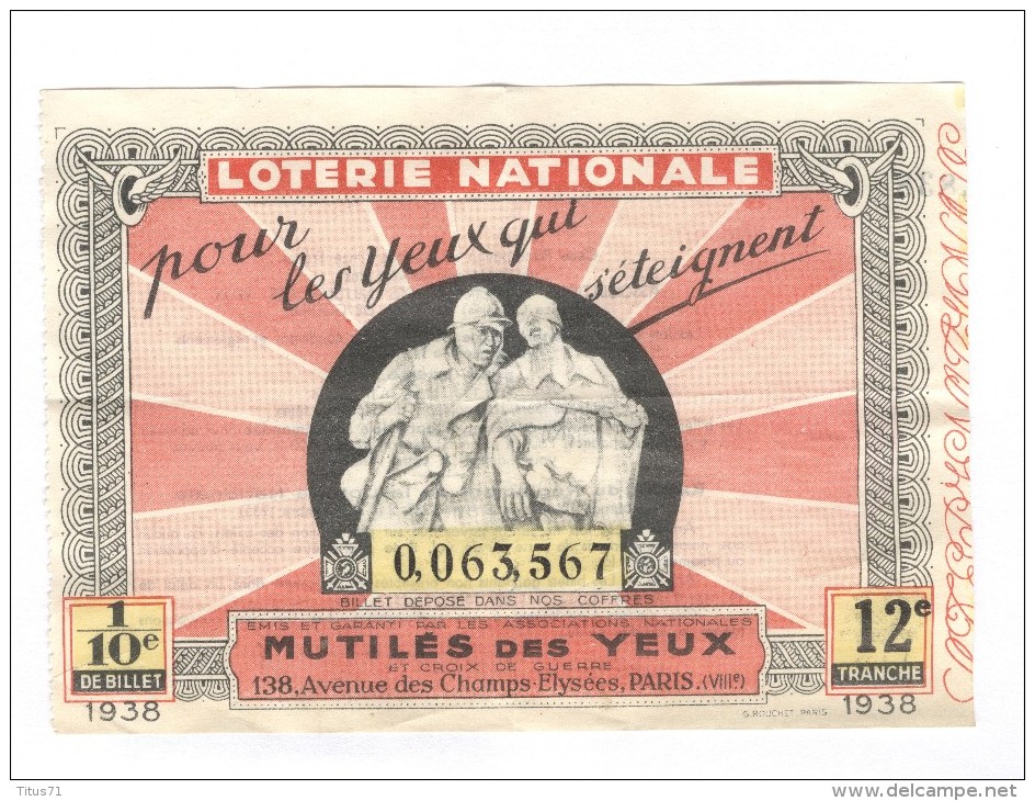 Billet Loterie Nationale - Pour Les Yeux Qui S´éteignent - 12ème Tranche 1938 - Billets De Loterie