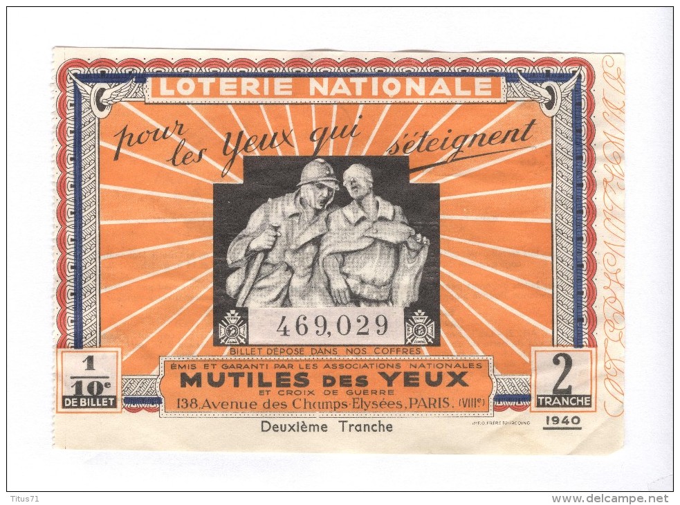 Billet Loterie Nationale - Pour Les Yeux Qui S´éteignent - 2ème Tranche 1938 - Billets De Loterie