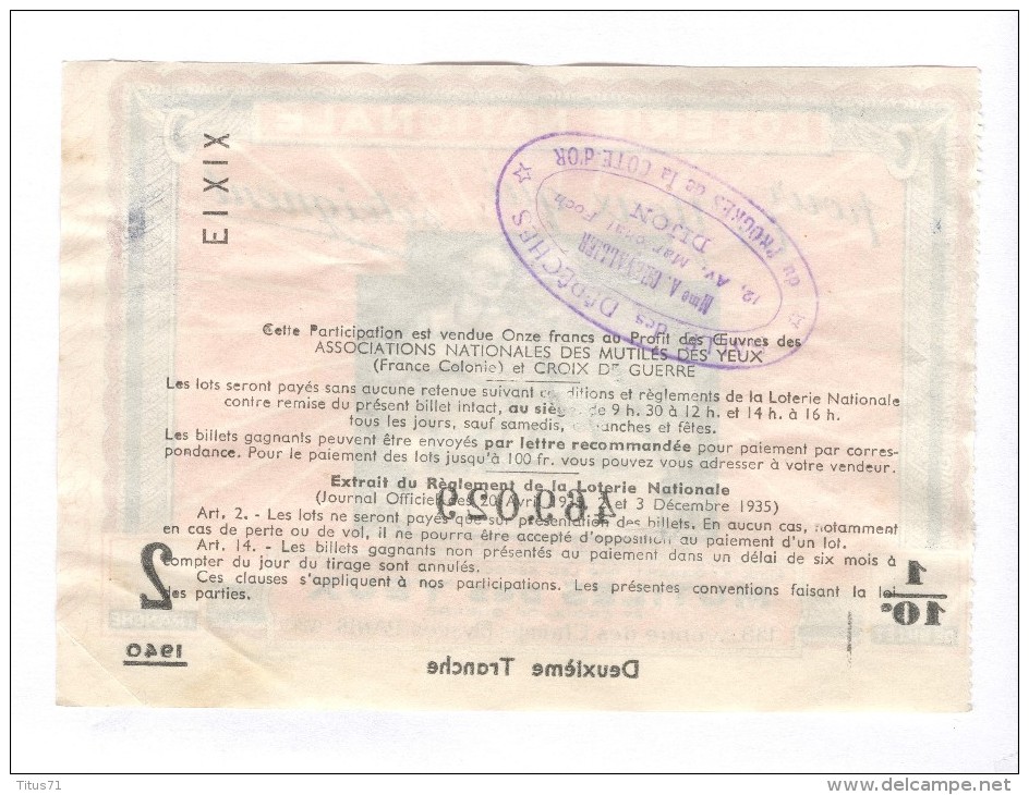 Billet Loterie Nationale - Pour Les Yeux Qui S´éteignent - 2ème Tranche 1938 - Billets De Loterie