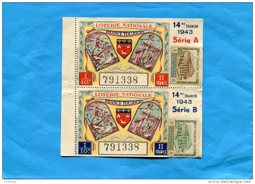 LOTERIE NATIONALE -2 Billets 14 ème Tranche -1943"Françe Toujours" Illustré-mineur En Galerie-paysanne - Billets De Loterie