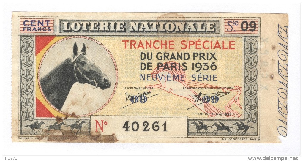 Billet Loterie Nationale - Tranche Spéciale Du Grand Prix De Paris 1936 - 9ème Série - Billets De Loterie