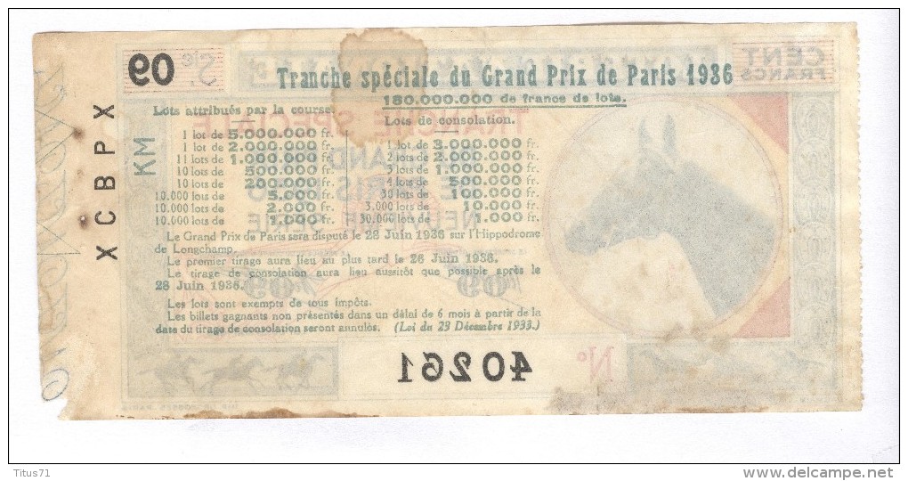 Billet Loterie Nationale - Tranche Spéciale Du Grand Prix De Paris 1936 - 9ème Série - Billets De Loterie