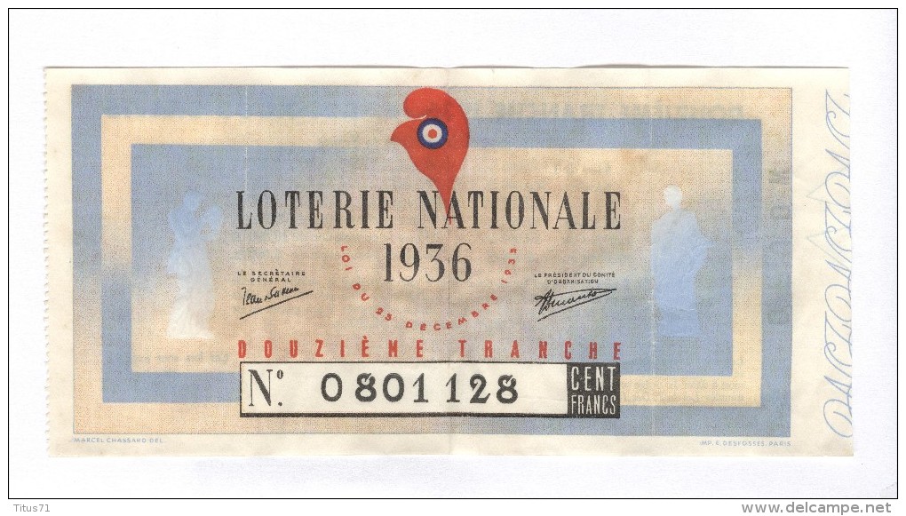 Billet Loterie Nationale - 1936 - 12ème Tranche - Billets De Loterie