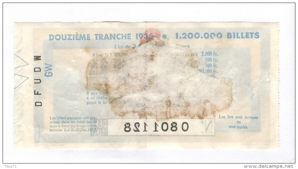 Billet Loterie Nationale - 1936 - 12ème Tranche - Billetes De Lotería