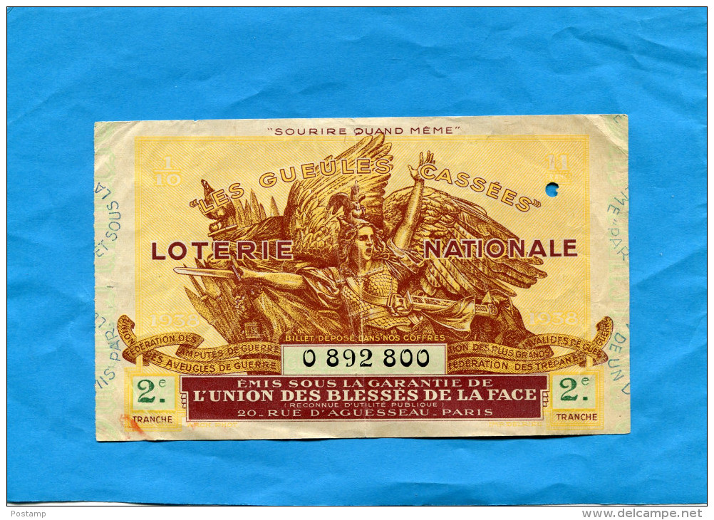 LOTERIE NATIONALE - Billet 2 ème Tranche -1938 "les Gueules Cassées"sourire Quand Même - Billets De Loterie