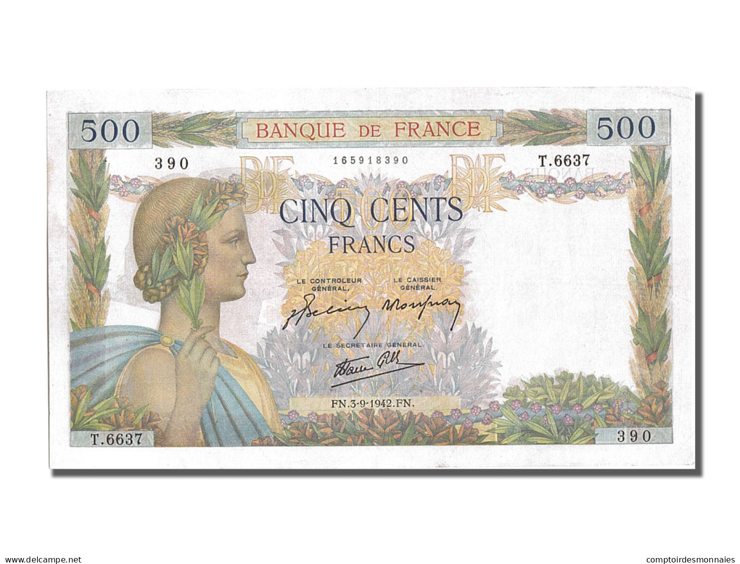 Billet, France, 500 Francs, 500 F 1940-1944 ''La Paix'', 1942, 1942-09-09, SUP+ - 500 F 1940-1944 ''La Paix''