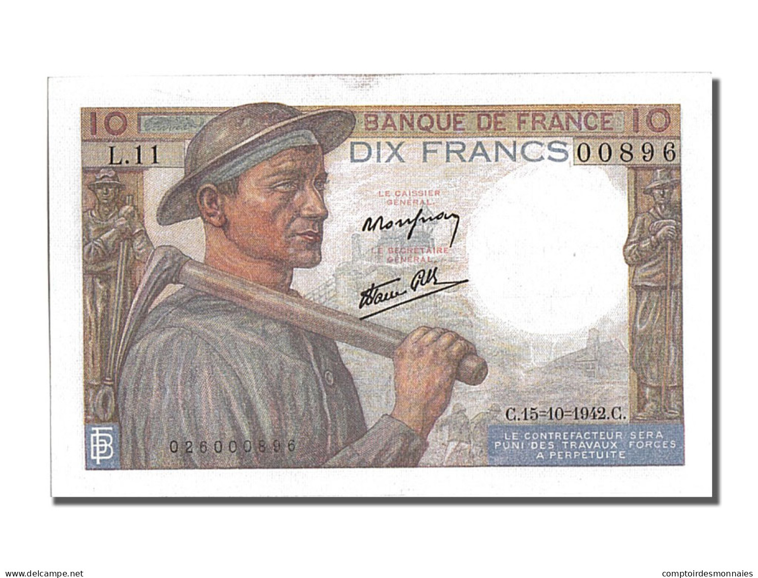 Billet, France, 10 Francs, 10 F 1941-1949 ''Mineur'', 1942, 1942-10-15, SPL - 10 F 1941-1949 ''Mineur''