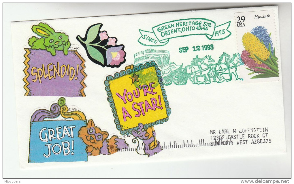 GREEN HERITAGE STAGE COACH EVENT COVER  Orient Ohio USA  Flower Stamps Environment Conservation Cat Mouse Rabbit Label - Environment & Climate Protection