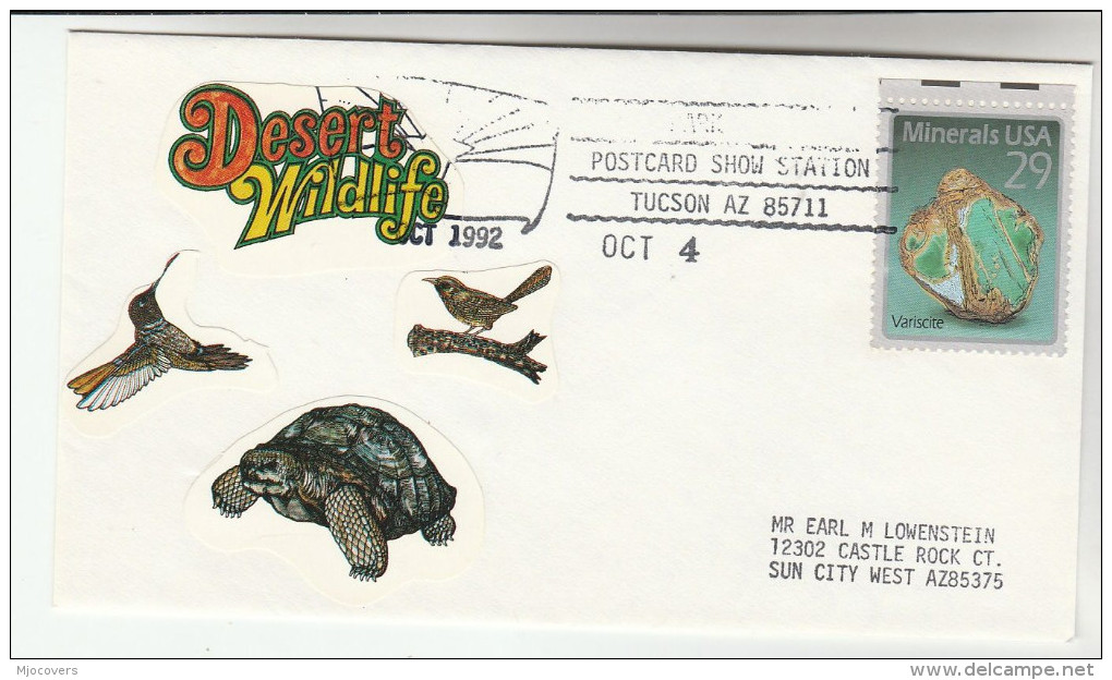 DESERT WILDLIFE EVENT COVER With HUMMINGBIRD, TORTOISE , BIRD Label , MINERALS Stamps USA  Crystal Tuscon Arizona - Other & Unclassified