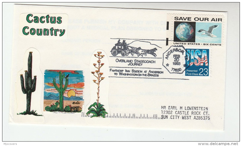 USA CACTUS Label OVERLAND STAGECOACH EVENT COVER FANTHORPE INN  Anti Polution Environment Stamps Cacti  Horses Horse - Cactusses