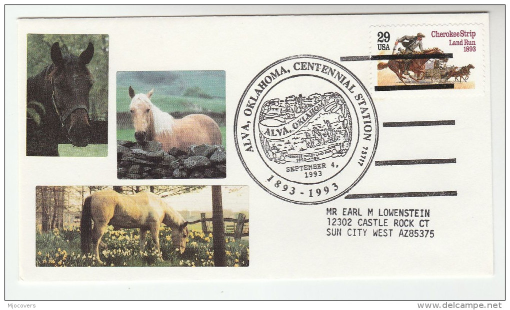 1993 USA Alva CENTENNIAL Oklahoma HORSES EVENT COVER  Horse Stamps - Horses