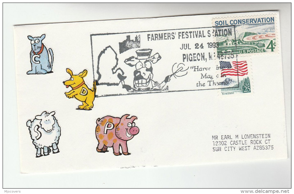 1993 FARMERS FESTIVAL EVENT COVER Pmk Illus COW  Usa Stamps Pig Sheep - Farm