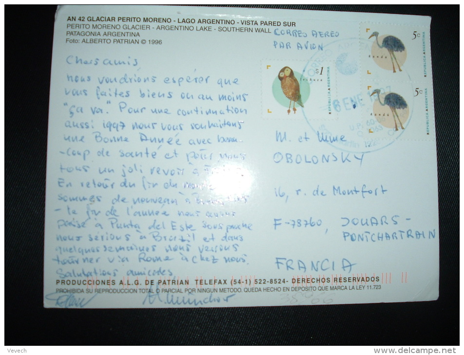 CP Pour La FRANCE TP Nandu 5c X2 + TP Lechuza 1s OBL.6 ENE 1997 San Martin - Briefe U. Dokumente