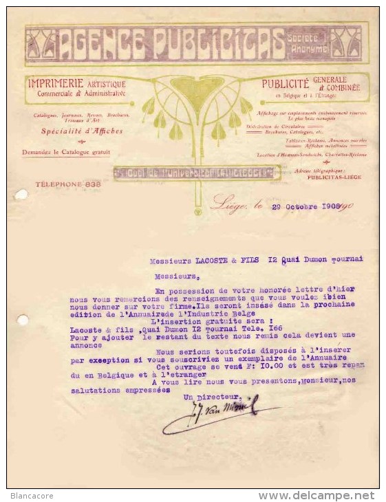 IMPRIMERIE à LIEGE 1908 Agence Publicitas - Imprenta & Papelería