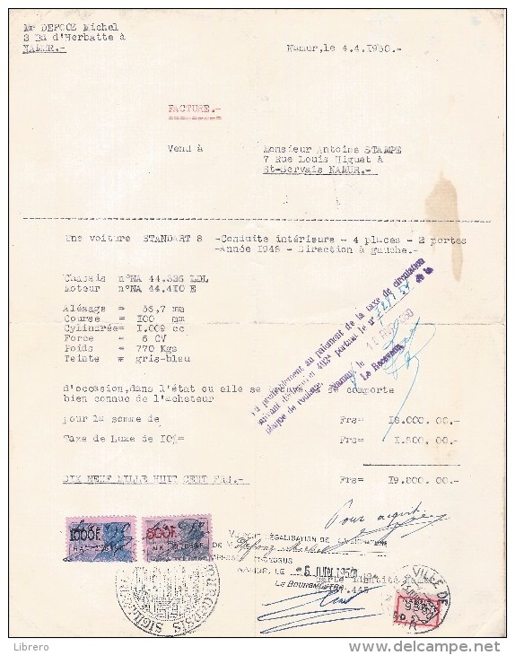Namur / Namen / Facture Mr. Defooz Michel / Facture Pour Une Voiture 'STANDARD 8' / 1950 - 1950 - ...