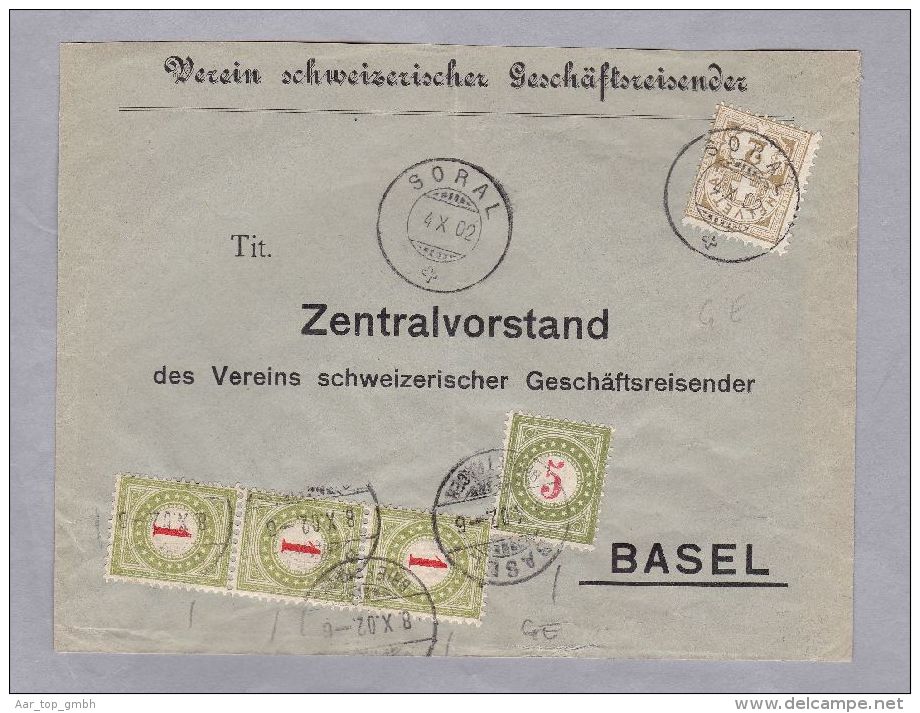 Heimat GE SORAL 1902-10-04 Taxierte Drucksache Nach Basel 2 Rp W2 + 8 Rp Porto - Taxe