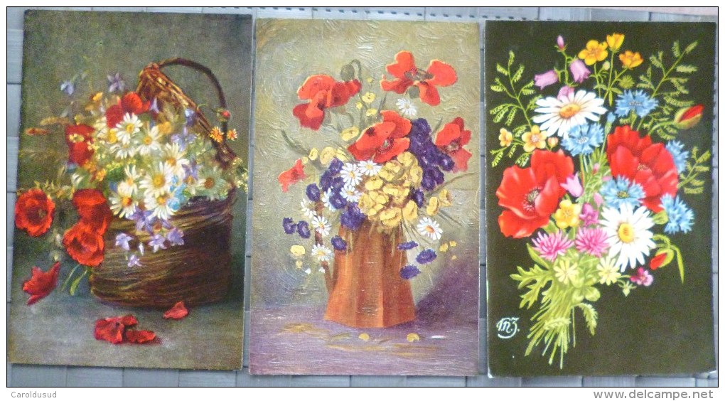 Cp LOT 7X Litho Relief ILLUSTRATEUR KLEIN ET Divers Theme Fleurs De France Bleuet Marguerite Pavot Coquelicot - Collections & Lots