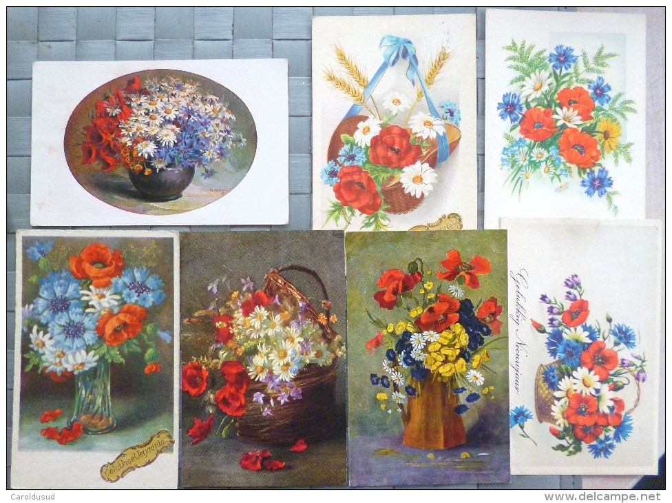 Cpa LOT 7X Litho Relief ILLUSTRATEUR Theme Fleur De France Bleuet Marguerite Coquelicot Voir Details - Colecciones Y Lotes