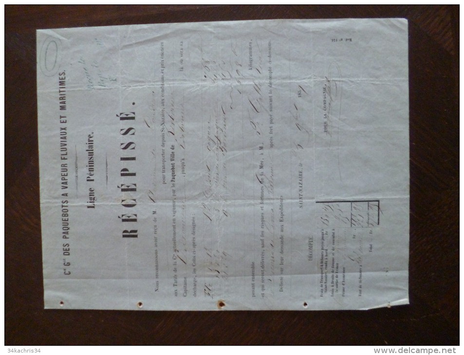 Récépissé CIe Gle Des Paquebots à Vapeur. Ligne Péninsulaire 1857 Saint Nazaire à Lisbonne. Champagne, Vin,... - Transportmiddelen