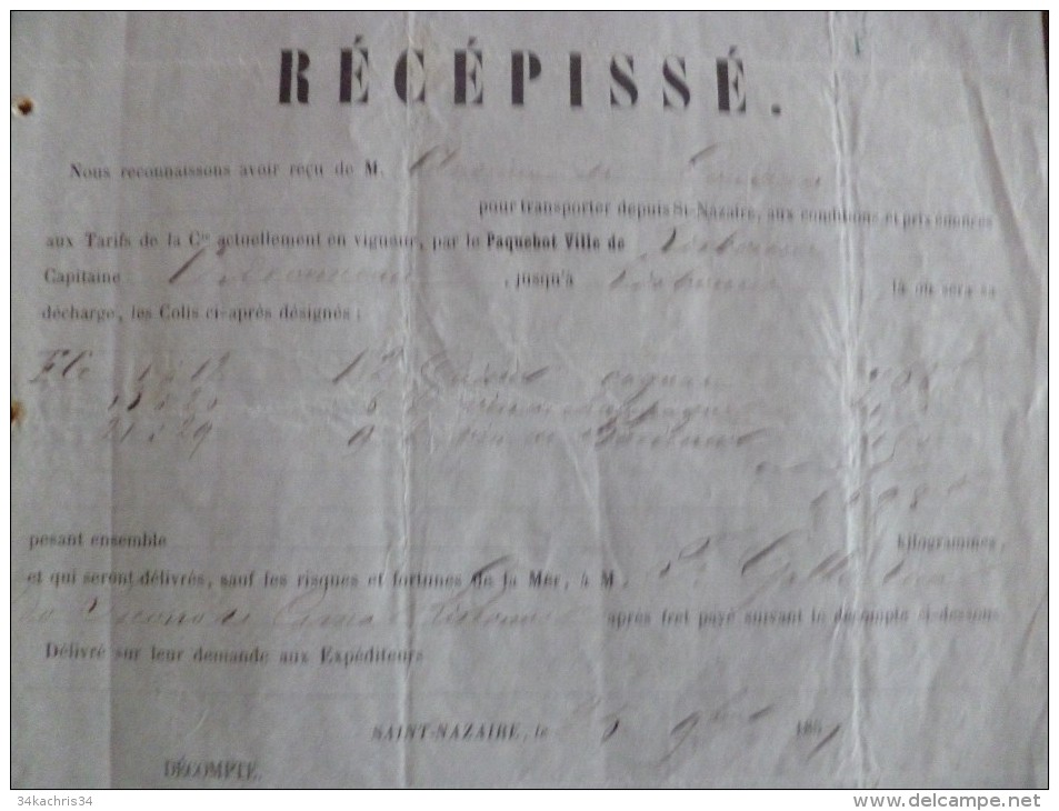 Récépissé CIe Gle Des Paquebots à Vapeur. Ligne Péninsulaire 1857 Saint Nazaire à Lisbonne. Champagne, Vin,... - Verkehr & Transport