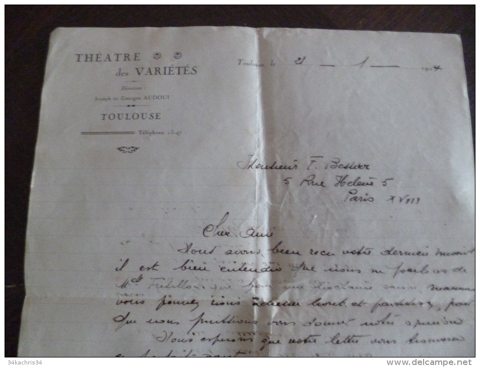 Lettre à En Tête Et LAS Autographe De Joseph Adoui Théatre Des Variétés Toulouse.  1924. Au Chansonnier Bessier - Autographes