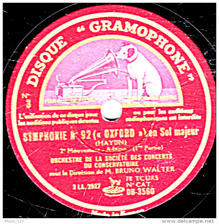 78 Trs 30 Cm  état  B - ORCHESTRE DES CONCERTS DU CONSERVATOIRE - SYMPHONIE N° 92 (OXFORD) 1re Partie - Conclusion - 78 T - Disques Pour Gramophone