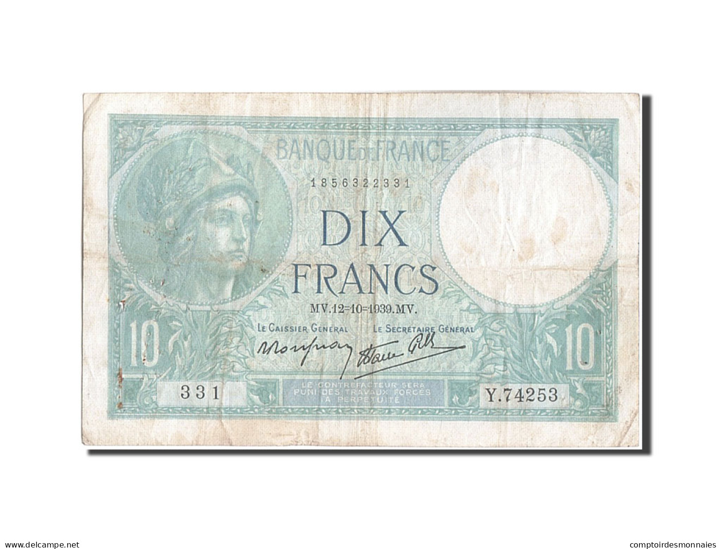 Billet, France, 10 Francs, 10 F 1916-1942 ''Minerve'', 1939, 1939-10-12, TB - 10 F 1916-1942 ''Minerve''