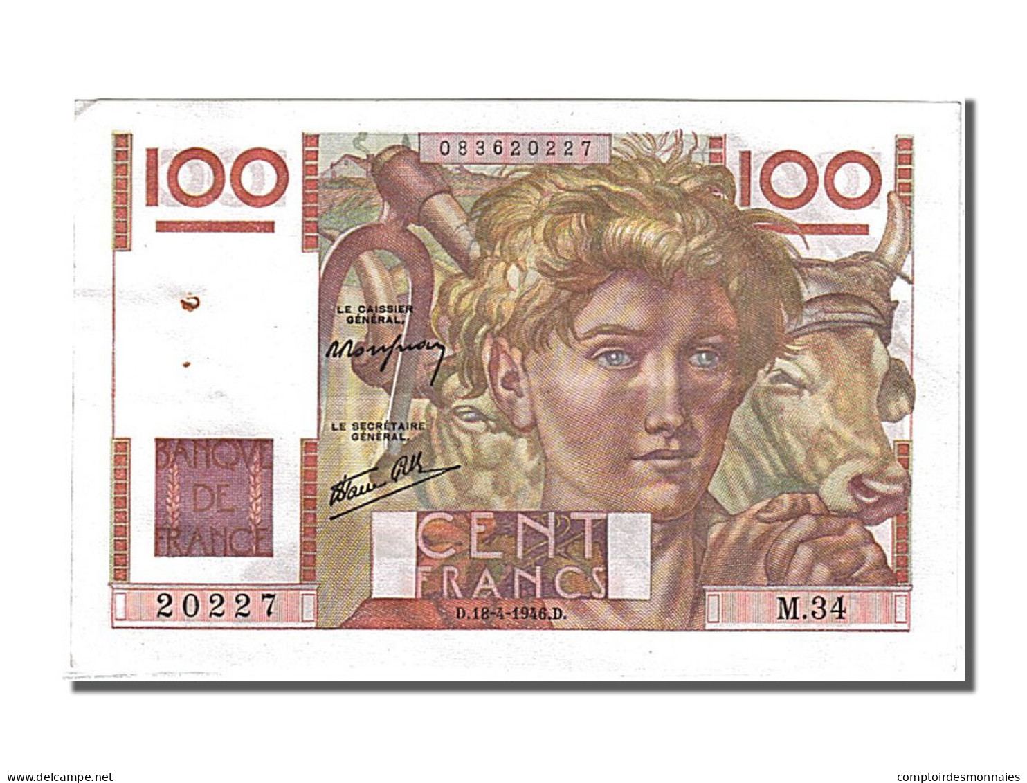 Billet, France, 100 Francs, 100 F 1945-1954 ''Jeune Paysan'', 1946, 1946-04-18 - 100 F 1945-1954 ''Jeune Paysan''