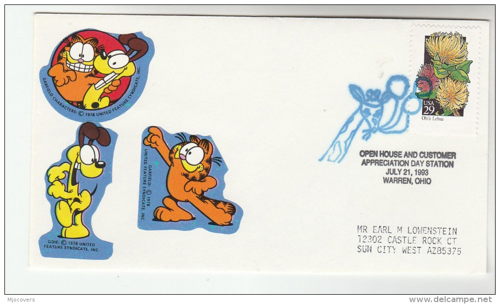 1993 WARREN Ohio  USA 'Open House' EVENT  COVER With GARFIELD CAT DOG Label & GIRAFFE Pmk  Flower Stamps - Autres & Non Classés
