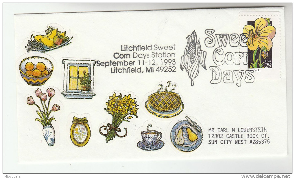 1993 LITCHFIELD Mi SWEET CORN DAYS Corn EVENT COVER USA Stamps Food Flower Farming Agriculture - Legumbres