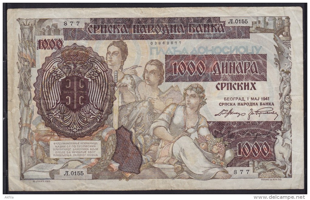 7598. Germany, Occupation Of Serbia, 1.5.1941. Banknote Of 1000 Dinars, VF - Servië