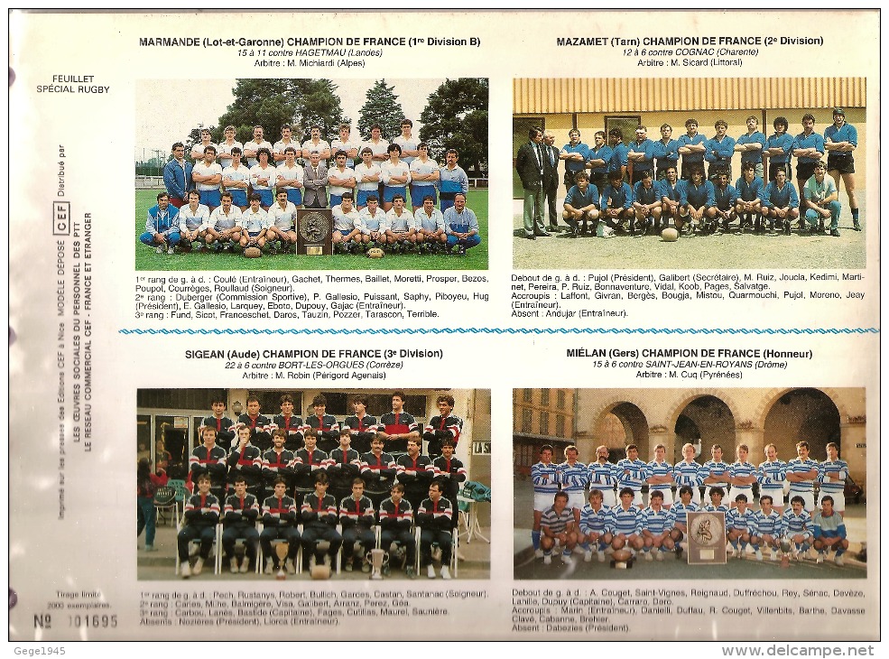 CEF   Série Spéciale  XV équipes De Rugby De 1984 - 1985   Tirage Limité  N° 1695 Sur 2000   Parfait état  ( 4 Scans ) - 1980-1989