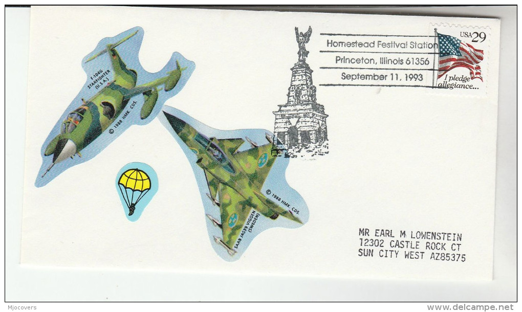 1993 PRINCETON Illinois HOMESTEAD FESTIVAL EVENT COVER USA Stamps STARFIGHTER JET LABEL Aviation Parachuting Flight - Airplanes