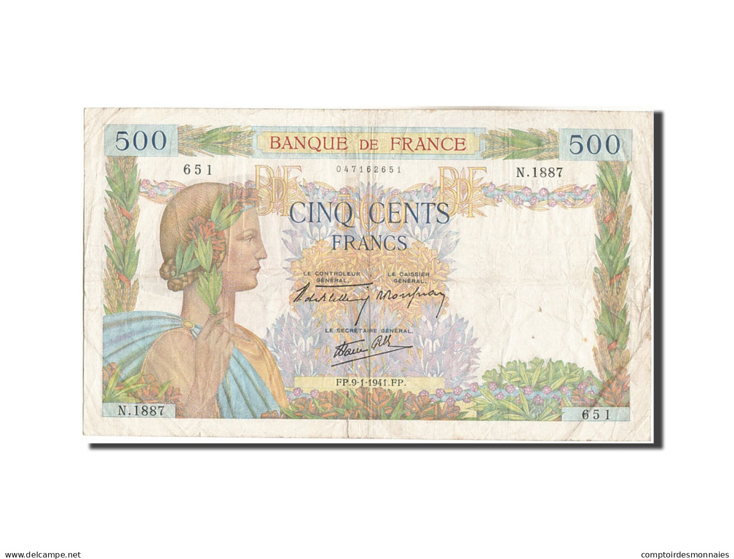 Billet, France, 500 Francs, 500 F 1940-1944 ''La Paix'', 1941, 1941-01-09, TB+ - 500 F 1940-1944 ''La Paix''